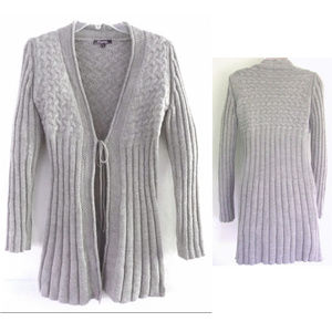 Long cardigan S Pale brown Italy Duster Wool bl Tie front Cables Taupe Sweater